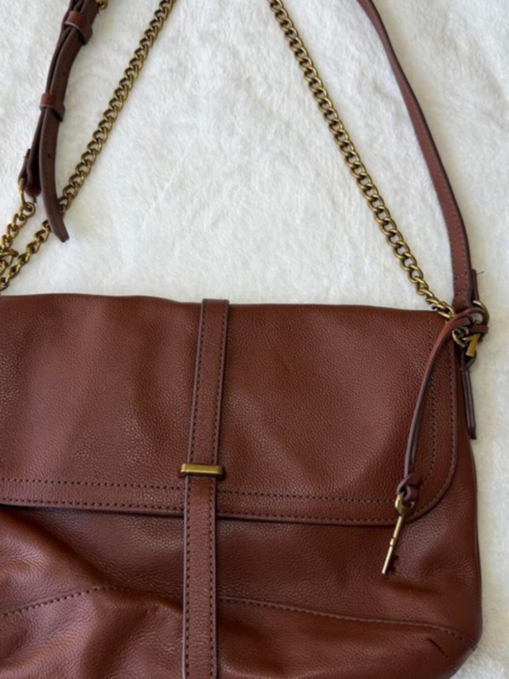 Fossil brown leather crossbody bag with chain strap...